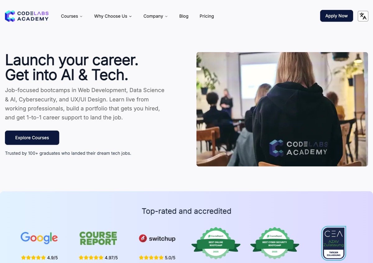 Pagina iniziale di Code Labs Academy: bootcamp Web Development, Data Science & AI, sicurezza informatica e UX/UI