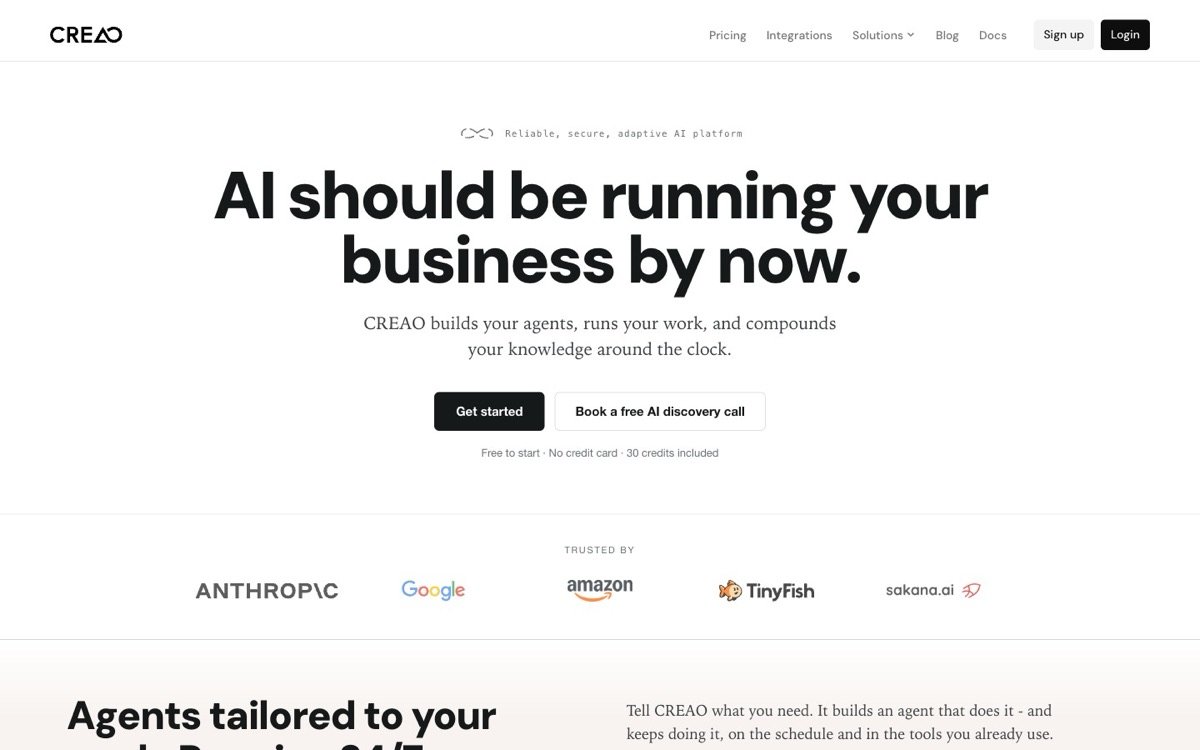 Pagina iniziale di Creao AI: «AI should be running your business by now»