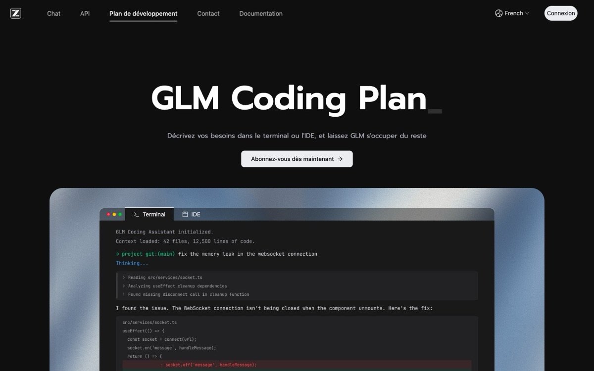 Pagina iniziale del GLM Coding Plan su z.ai: «Descrivete le vostre esigenze nel terminale o nell'IDE e lasciate che GLM si occupi del resto»